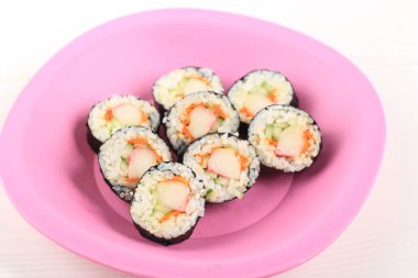 Homemade Korean Rice Roll or Kimbap with Vegetbale and Crabstick