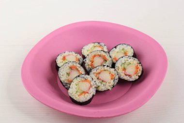 Homemade Korean Rice Roll or Kimbap with Vegetbale and Crabstick