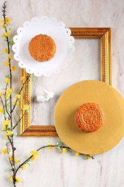 Top View Moon Cake (Mooncake) Chinese Dessert Snack during Lunar new year Mid Autumn Festival