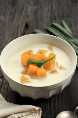 Coconut Milk Stewed Pumpkin or Kolak Labu or Buak Phak Tong. Thai and Indonesian Sweet Dessert.