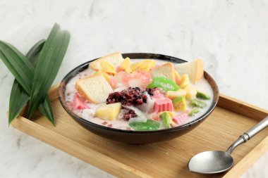 Es Goyobod Campur, Bandung Mix Fruit Popular for Buka Puasa. Made from Starch Pudding with Various Topping