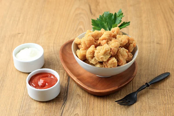 Stock image Chicken Popcorn on White Bowl with Spicy Sauce and Mayonaise