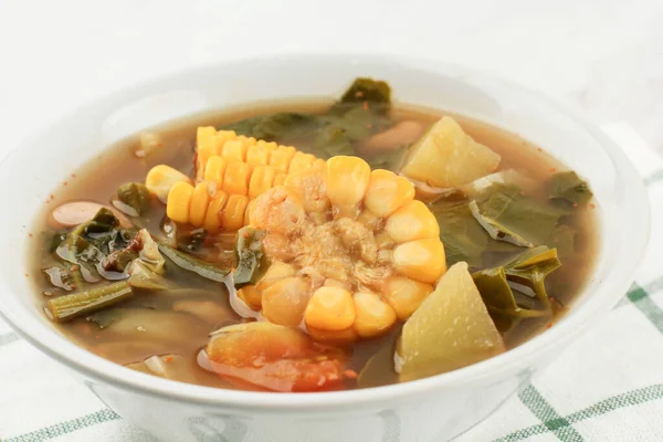 Närbild Sayur Asem Surt Vegetabilisk Soppa Med Majs Long Bean — Stockfoto