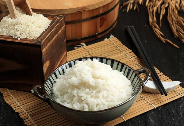 Japanese Steam Rice Bowl Wooden Table — Stock Photo, Image
