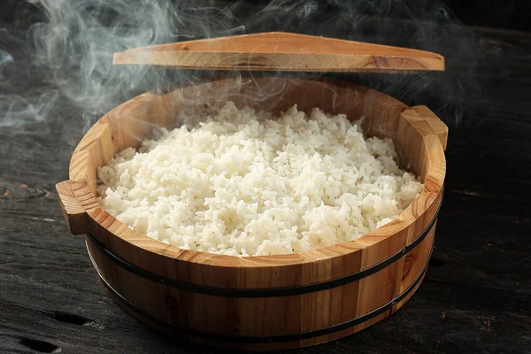 Japan Wooden Rice Tub Steaming Hot Japanese Rice Black Wooden — Stock Photo, Image