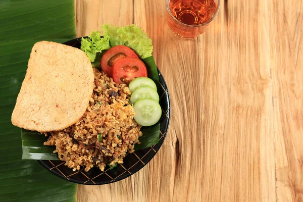 Top View Nasi Goreng Rendang Shrimp Cracker Rendang Traditional Melayu — Stok Foto