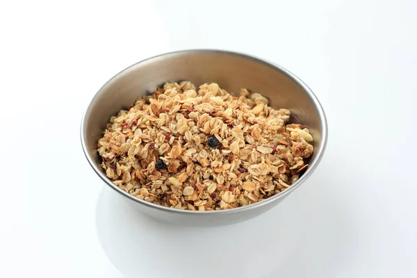 Bowl Granola Grain Muesli Dried Fruit Isolated White Background — Stock Photo, Image