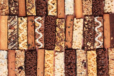 Çeşitli Protein Enerji Çubuğu, Diyet Atıştırmalık Gıda Konsepti Arkaplanı, Üst Görünüm 