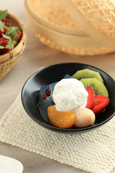 Dessert Sucré Japonais Shiratama Anmitsu Avec Crème Glacée Vanille — Photo