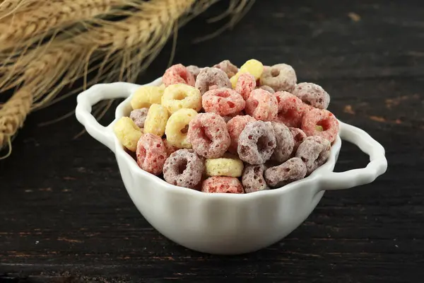 White Bowl with Colorful Ring Cereal for Breakfast
