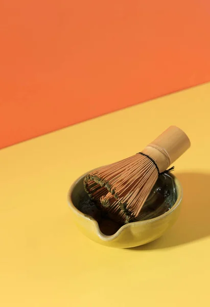 Matcha Tea Bamboo Whisk Yellow Orange Background — Stock Photo, Image