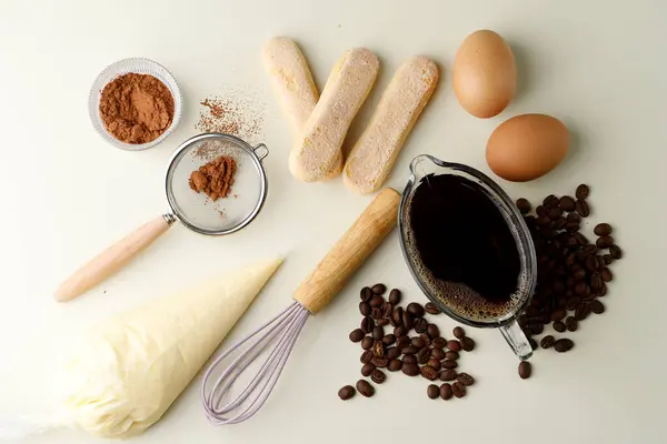 stock image Tiramisu Ingredients Top View Classic Recipe, Mascarpone Cheese, Coffee, Cocoa Powder, Lady Fingers, Sugar, Eggs.