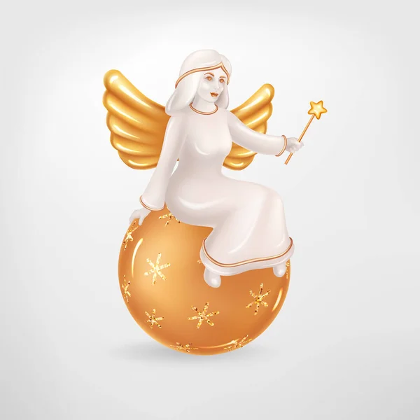 Realistyczna Figurka Świątecznego Anioła Lovely Christmas Angel Magiczną Różdżką Siedzi — Wektor stockowy