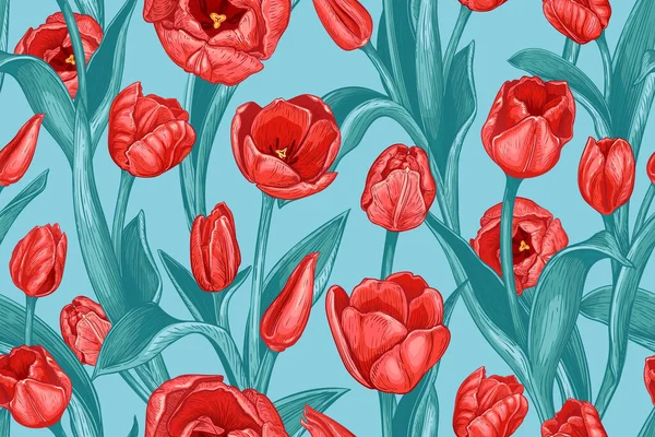 Krásný Bezešvý Vzor Ručně Kreslené Červené Tulipán Květiny Modrém Pozadí — Stockový vektor