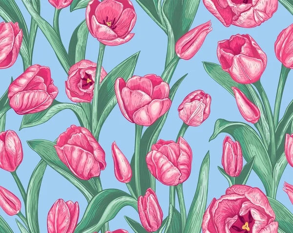 Schönes Nahtloses Muster Mit Handgezeichneten Rosa Tulpenblüten Auf Blauem Hintergrund — Stockvektor