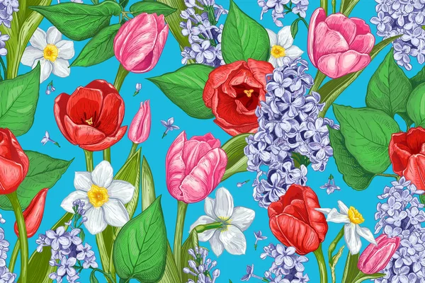 Florales Nahtloses Muster Mit Handgezeichneten Frühlingsblumen Auf Blauem Hintergrund Vektorillustration — Stockvektor