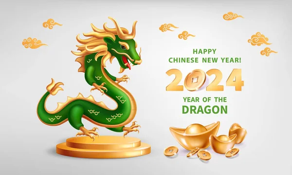 Drago Legno Verde Simbolo Del 2024 Capodanno Cinese Figura Realistica Illustrazione Stock