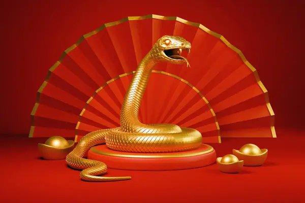 stock image Snake is a symbol of the 2025 Chinese New Year. 3d render illustration of Golden Snake on a podium, gold ingots Yuan Bao on a red background. Zodiac Sign Snake, asian oriental concept for lunar year