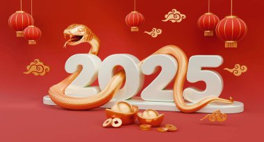 Yılan, 2025 Çin Yeni Yılı 'nın bir sembolüdür. Yılan 'ın 2025 rakamları etrafında kıvranmasını gösteren 3D çizim, altın külçeli Yuan Bao, Çin feneri, sikkeler. Zodiac Burcu Yılan, Ay takvimi