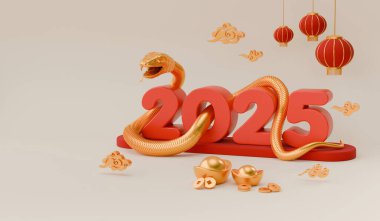 Yılan, 2025 Çin Yeni Yılı 'nın bir sembolüdür. Yılan 'ın 2025 rakamları etrafında kıvranmasını gösteren 3D çizim, altın külçeli Yuan Bao, Çin feneri, sikkeler. Zodiac Burcu Yılan, Ay takvimi