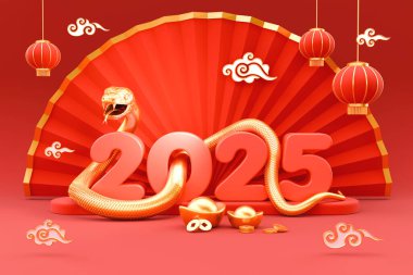 Yılan, 2025 Çin Yeni Yılı 'nın bir sembolüdür. Yılan 'ın 2025 rakamları etrafında kıvranmasını gösteren 3D çizim, altın külçeli Yuan Bao, Çin feneri, sikkeler. Zodiac Burcu Yılan, Ay takvimi
