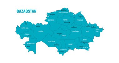Kazakistan 'ın şu anki haritası. Ülkenin isimleri, başkenti, 17 bölge ve Kazak dilinde idari merkezler. Basitleştirilmiş vektör çizimi. Kazakistan Cumhuriyeti 'nin siyasi haritası