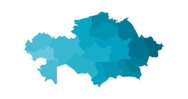 Kazakistan haritası. Mavinin farklı tonlarında 17 idari bölge. Kazakistan Cumhuriyeti 'nin siyasi haritasının basitleştirilmiş vektör çizimi