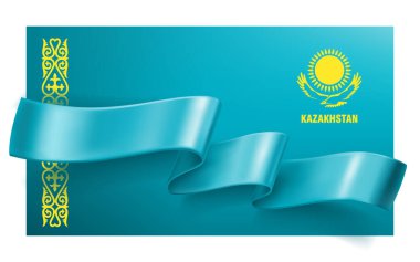 Geleneksel bir kazak süsüsüyle mavi arka planda sallanan ipek kurdele. Güneş ve kartal Kazakistan 'ın sembolüdür. Kazakistan 'da ulusal bayram tebrik kartı için arka plan