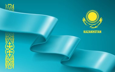 Geleneksel bir kazak süsüsüyle mavi arka planda sallanan ipek kurdele. Güneş ve kartal Kazakistan 'ın sembolüdür. Kazakistan 'da ulusal bayram tebrik kartı için arka plan