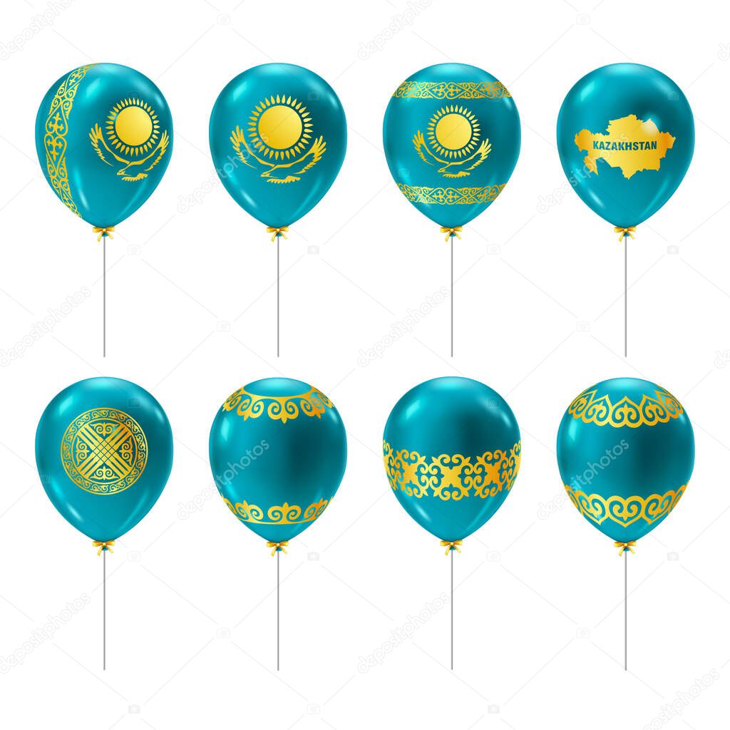 Set of blue balloons with golden traditional kazakh ornament, eagel, sun, shanyrak. Realistic vector illustration of balloons in the Kazakhstan Country National Colors. Country Flag Rubber Balloon