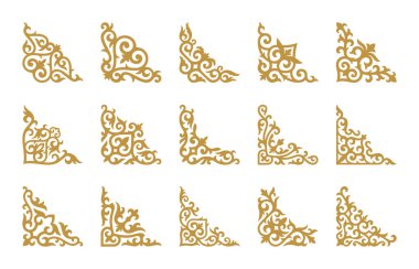 Vector Set of different gold ornaments in Kazakh style isolated on a white background. Oriental corner decor, floral designs. Elements of the national pattern of the ancient nomads clipart