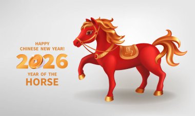 Kızıl Ateş Atı, 2026 Çin Yeni Yılı 'nın bir sembolüdür. Beyaz arka planda kırmızı-altın atın gerçekçi üç boyutlu figürü. Zodiac İşareti 'nin tatil vektör çizimi. Çince çeviri Atı