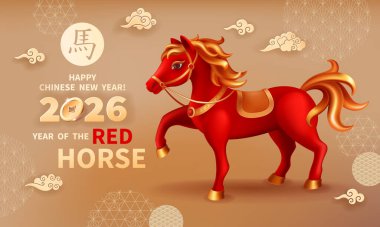 Kızıl Ateş Atı, 2026 Çin Yeni Yılı 'nın bir sembolüdür. At 'ın üç boyutlu figürü. Çin bulutları, bej arka planda süslemeler. Zodiac İşareti 'nin tatil vektör çizimi. Çince çeviri Atı