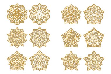 Vector Set of different gold ornaments in Kazakh style isolated on a white background. Decor in two variant the positive and negative. Elements of the national pattern of the ancient nomads clipart