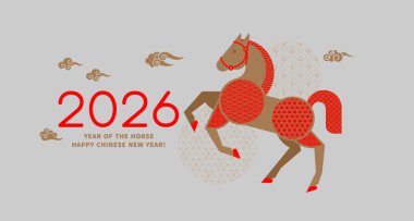 At, 2026 Çin Yeni Yılı 'nın bir sembolüdür. Geometrik tarzda bir At figürü, geleneksel Çin desenleriyle süslenmiş. Tebrik kartı, bayrak, takvim için Zodiac İşaretinin tatil vektör ilüstrasyonuName