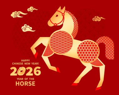At, 2026 Çin Yeni Yılı 'nın bir sembolüdür. Geometrik tarzda bir At figürü, geleneksel Çin desenleriyle süslenmiş. Tebrik kartı, bayrak, takvim için Zodiac İşaretinin tatil vektör ilüstrasyonuName