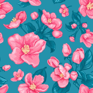 Pembe elma ağacı çiçeklerinin el çizimiyle çizilmiş kusursuz desen. Bahar Elması çiçekleri, tomurcukları ve yapraklarının vektör çizimi. Mavi arka planda izole botanik renkli çiçek çizimi