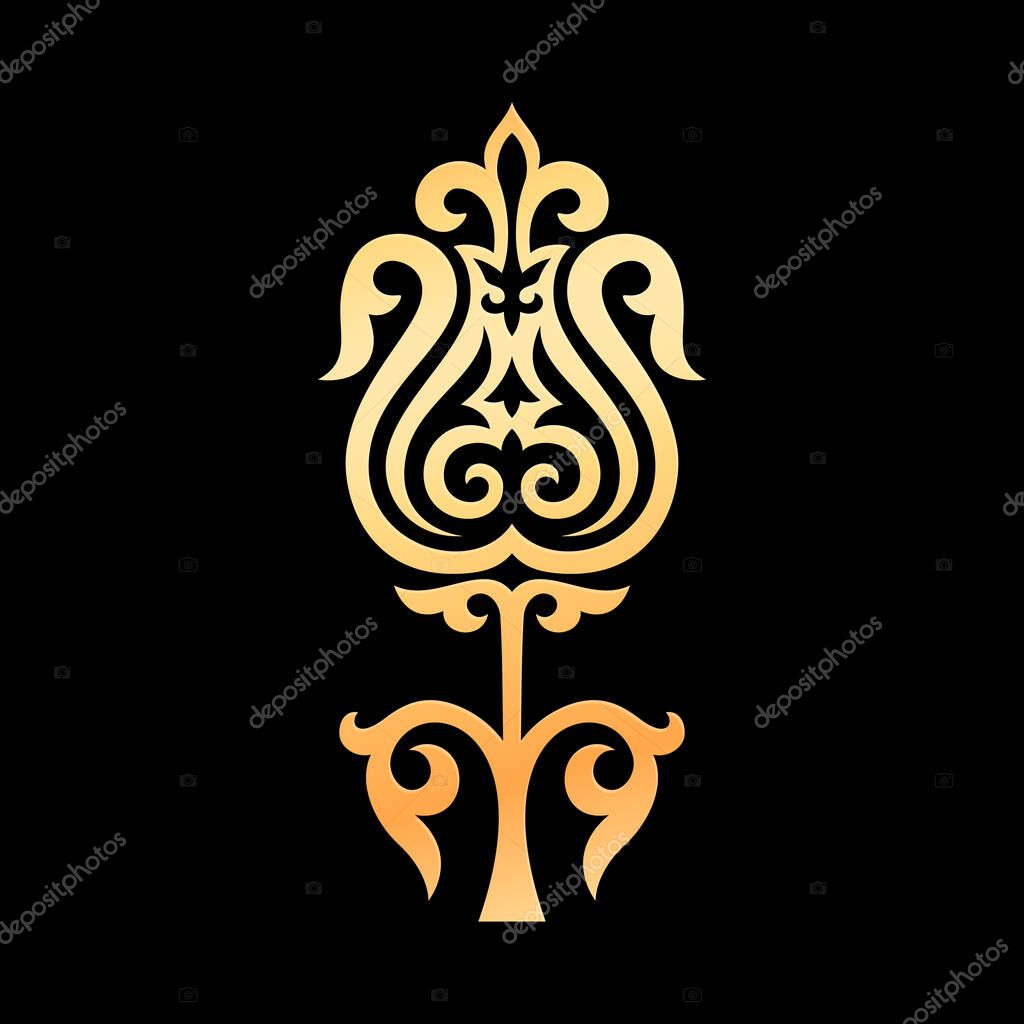 Vector illustration of flower. Spring tulip decorated traditional kazakh ornament, asian nomads of great steppe style. Design element for Nauryz greeting card and ethnic patterns
