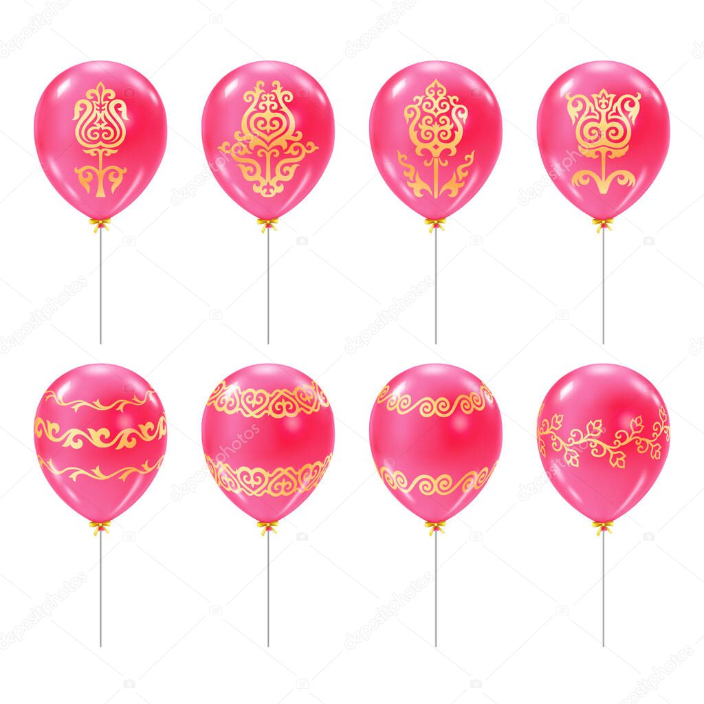 Set of pink balloons with golden traditional kazakh floral ornaments. Realistic vector illustration of air balloons. Design elements for greeting card spring holiday Nauryz