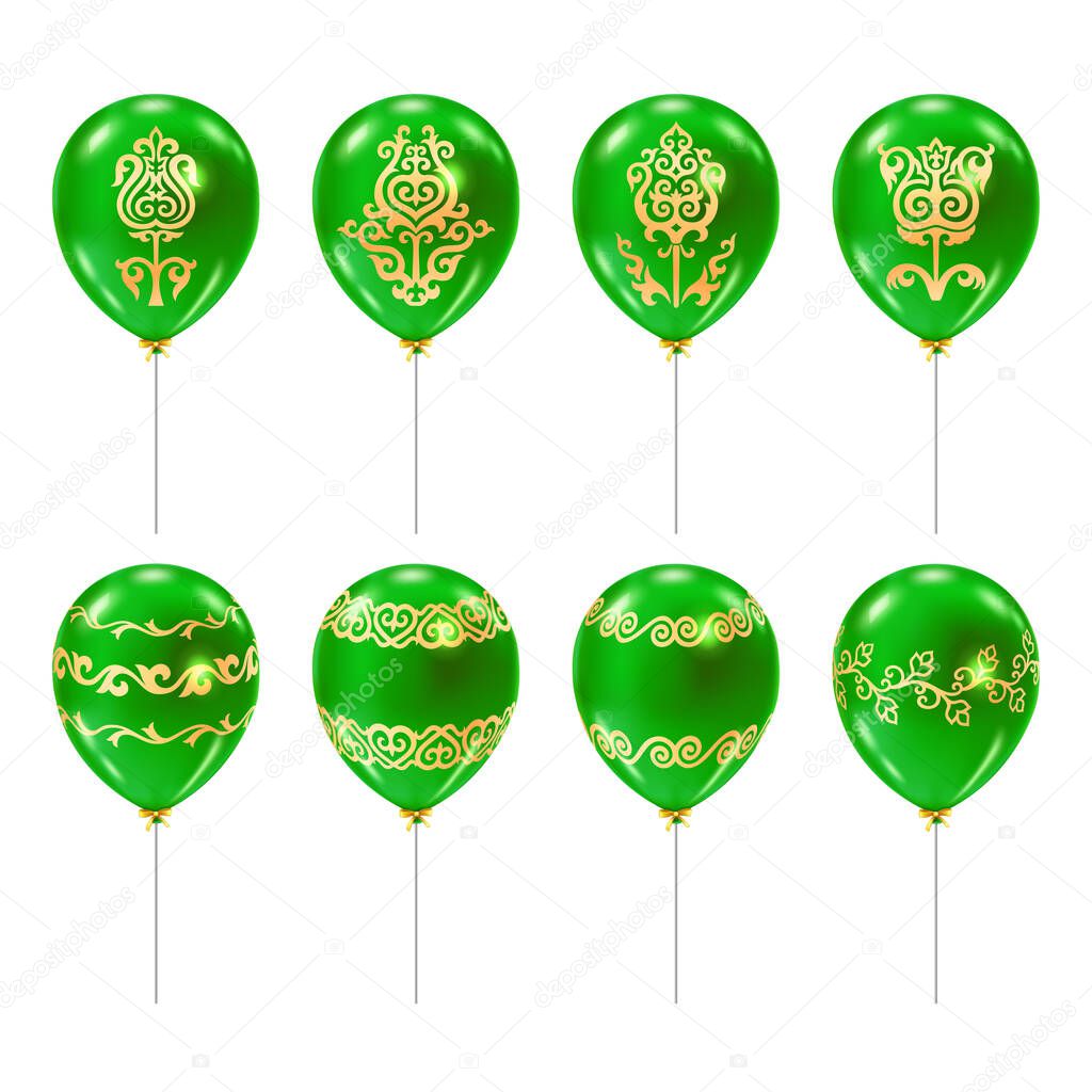 Set of green balloons with golden traditional kazakh floral ornaments. Realistic vector illustration of air balloons. Design elements for greeting card spring holiday Nauryz