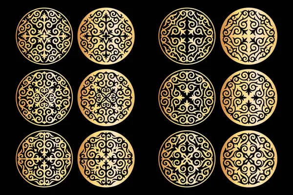 Siyah arka planda izole edilmiş Kazak tarzında farklı altın süslemeler. Yuvarlak dekor iki varyantta, pozitif ve negatif. Antik göçebelerin ulusal modelinin elementleri