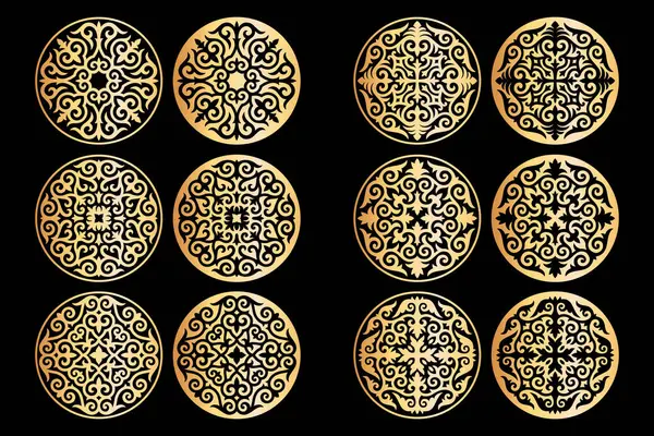 Siyah arka planda izole edilmiş Kazak tarzında farklı altın süslemeler. Yuvarlak dekor iki varyantta, pozitif ve negatif. Antik göçebelerin ulusal modelinin elementleri