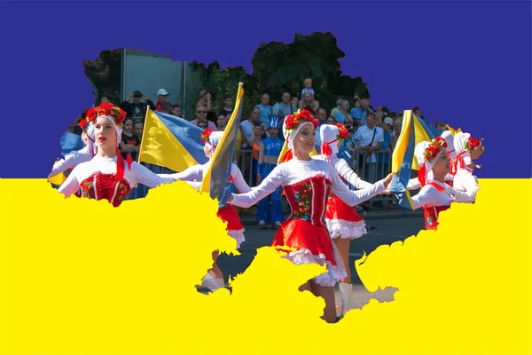 Dnipro Ukrajina 2021 Občané Slaví Den Města Dívčí Tanečnice Vlajkami — Stock fotografie