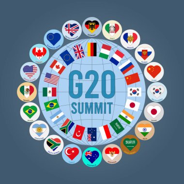 G-20 ülkelerinin bayraklarının kalpleri olan bir logo şeklinde tasviri. G20, dünyanın en iyi 20 ekonomisi. Mali ve ekonomik uluslararası forum.