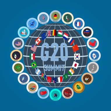 G-20 ülkelerinin bayraklarının ve haritalarının dünya üzerinde logo şeklinde resmedilmesi. G20, dünyanın en iyi 20 ekonomisi. Mali ve ekonomik uluslararası forum.