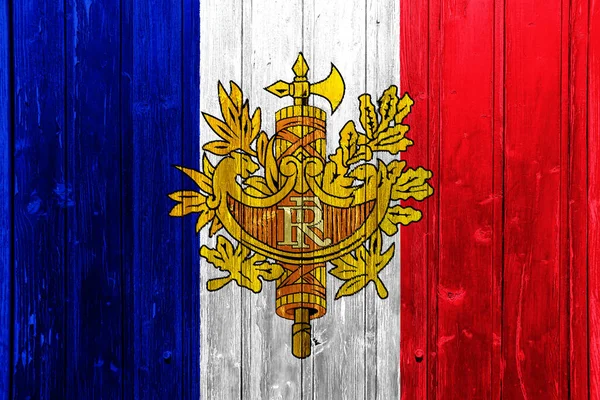 Flagga Och Vapensköld Frankrike Strukturerad Bakgrund Begreppscollage — Stockfoto