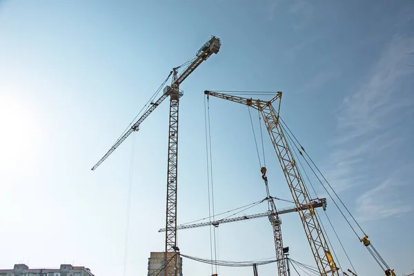 Construction Crane Blue Sky Real Estate Industry Crane Uses Lifting — стоковое фото