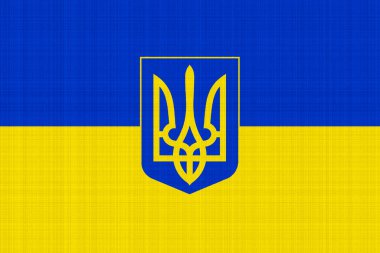 Arka planda Ukrayna bayrağı ve arması var. kavramsal kolaj.