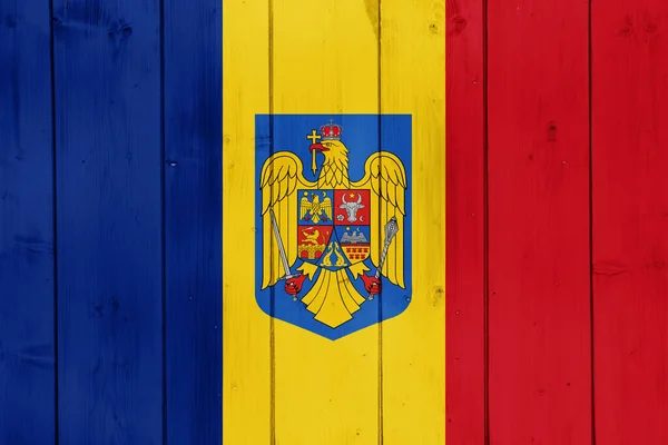 Rumäniens Flagga Och Vapensköld Strukturerad Bakgrund Begreppscollage — Stockfoto