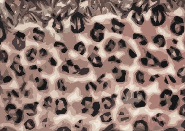 Leopar desenli yün kumaşın gerçekçi yakın plan çizimi. Kürk giysilerinin yüzeyinde kahverengi-bej ve siyah çizgili tekrarlar, soyut doku arka planı.